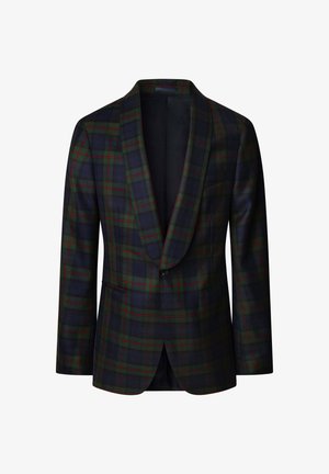 Dunkelgrüner und marineblauer kariert Blazer mit roten Linien, Schalkragen, einem Knopf und Fronttaschen, auf weißem Hintergrund präsentiert.