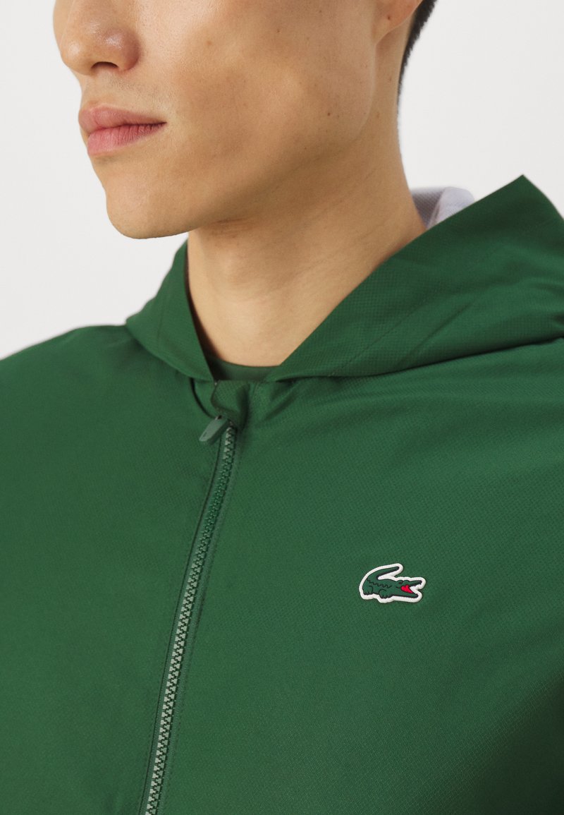 Primer plano de una persona que lleva una chaqueta verde con cremallera y capucha, con un pequeño logo de cocodrilo en el pecho.