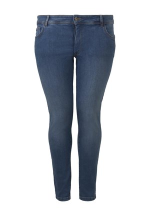 Donkerblauwe denim jeans met een slim fit, voorzien van een rits, knoopsluiting, vijf zakken en subtiele stikseldetails.