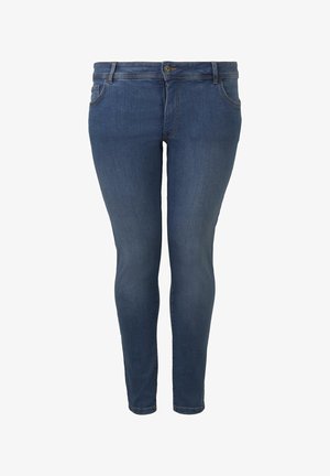 Dark blue denim jeans with a slim fit, featuring a zip fly, button closure, five pockets, and subtle stitching details.