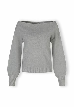 Pilkas off-the-shoulder megztinis su vainiku ir apykakle, turintis ilgas burbulų rankoves ir laisvą siluetą. Minkšta megztinė medžiaga.