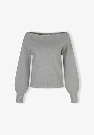 Sivi pulover s otpadom na ramenima, s rebrastim manžetama i rubovima, dužim balon rukavima i opuštenim krojem. Mekani pleteni materijal.