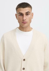 En ung mann med kort hår har på seg en kremfarget cardigan over en hvit skjorte, og ser direkte inn i kameraet mot en ensfarget bakgrunn.
