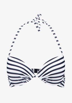 Gestreifter Bikini-Oberteil mit schwarz-weißen vertikalen Streifen, gepolsterten Cups und verstellbaren Bindeträgern am Hals. Glattes Material mit glänzender Oberfläche.