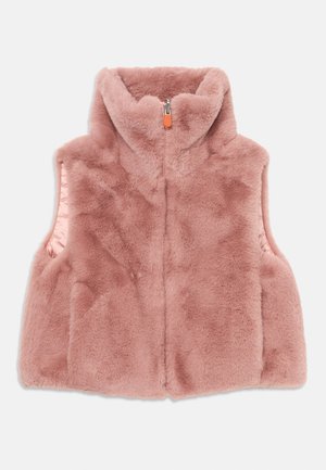 Pehme roosa võltskarvaga varrukateta vest kõrge krae ja esi tõmblukuga, kujutatud lamedalt valgel taustal.