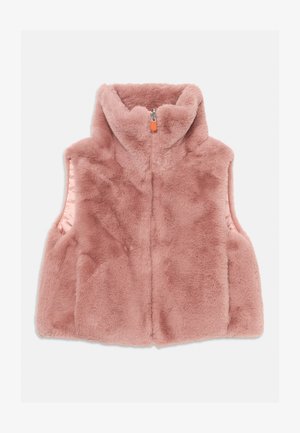 Pehme roosa võltskarvaga varrukateta vest kõrge krae ja esi tõmblukuga, kujutatud lamedalt valgel taustal.