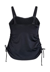 Zwarte tanktop van lichtgewicht materiaal met verstelbare banden, zij-aanpassingen en trekkoorddetails aan de zoom.