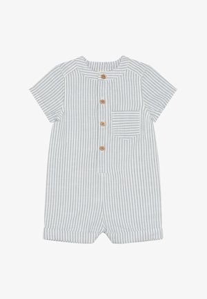 Tutina a maniche corte a righe azzurre e bianche, con bottoni sul davanti, piccola tasca sul petto e polsini risvoltati. Materiale in cotone.