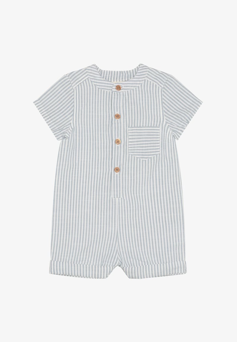 Kurzärmelloser Overall in Hellblau und Weiß gestreift, mit Knopfleiste vorne, kleiner Brusttasche und umgeschlagenen Bündchen. Aus Baumwollmaterial.