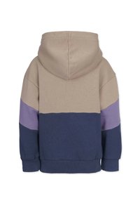 Huppari, jossa on beige, lila ja laivastonsininen väri-blokkimuotoilu. Valmistettu pehmeästä materiaalista, jossa on ribbireuna ja hihansuut.