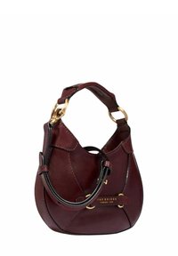 Bordeaux læderhåndtaske med buet form, guld hardware detaljer og et kort håndtag. Har synlige syninger og en blank overflade.