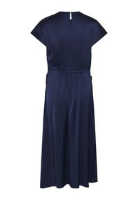 Robe midi bleu marine avec manches courtes, taille froncée et une petite fermeture par bouton au dos au niveau de l'encolure.