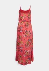 Robe maxi rose corail avec fines bretelles, taille élastique et imprimé floral tropical multicolore.