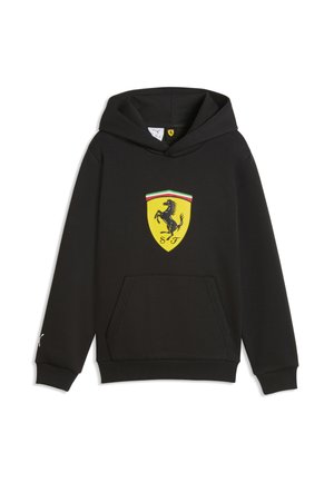 Sort hættetrøje med front kangurulomme og gul Ferrari-logo med en galopperende hest og farverne fra det italienske flag.