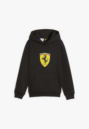 Sort hættetrøje med front kangurulomme og gul Ferrari-logo med en galopperende hest og farverne fra det italienske flag.