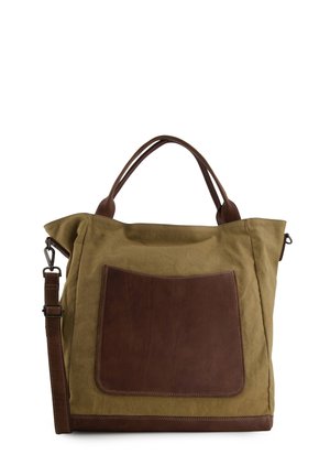 Brun og olivengrøn lærreds-taske med dobbelte håndtag, frontlomme i læder, aftagelig, justerbar skulderrem og forstærket læderbund.