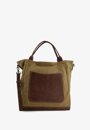 Bruine en olijfgroene canvas draagtas met dubbele handvatten, voorvak van leer, afneembare verstelbare schouderriem en versterkte leren bodem.