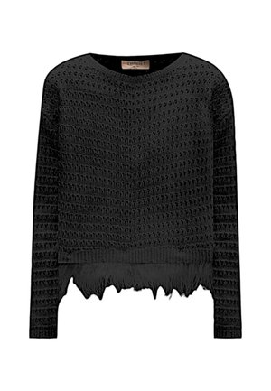 Maglione nero a maglia con un motivo testurizzato, dotato di scollo rotondo e orlo sfilacciato. Maniche lunghe e vestibilità rilassata.