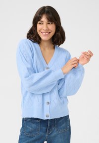 Cardigan tricoté bleu clair avec un col en V, des manches longues et un système de fermeture à boutons. Caractérisé par un motif tissé avec une texture subtile et des poignets côtelés.