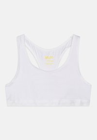 Fehér pamut sportmelltartó, racerback kialakítással, sima textúrával és finom csillagmintás elasztikus pánttal az alján.