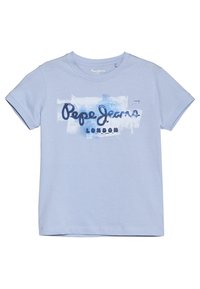Světle modré bavlněné tričko s krátkými rukávy, na přední straně s tmavě modrou a bílou grafickou tiskovinou "Pepe Jeans LONDON".