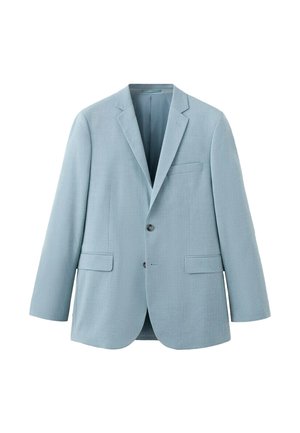 Svetlomodrý pánsky blejzer s vykrojenými klopami, dvoma gombíkmi a vreckami s klopami, zobrazený na bielom pozadí.