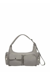 Borsa a spalla in tessuto grigio con parte superiore curva, due tasche frontali, chiusura con cerniera e tracolla regolabile. Caratterizzata da dettagli in metallo argentato.