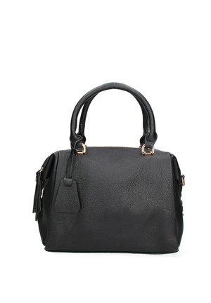 Sac à main en cuir noir avec une surface texturée, double anses supérieures, finitions en métal doré et un détail d'étiquette sur le côté. Forme compacte et structurée.