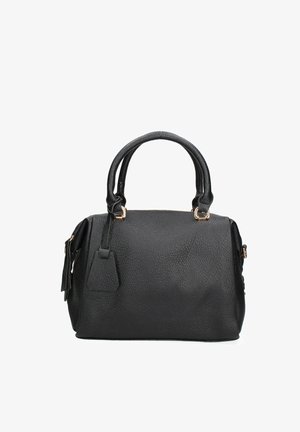 Borsa a tracolla nera in pelle con superficie strutturata, manici superiori doppi, accessori in tono oro e un'etichetta laterale. Forma compatta e ben strutturata.