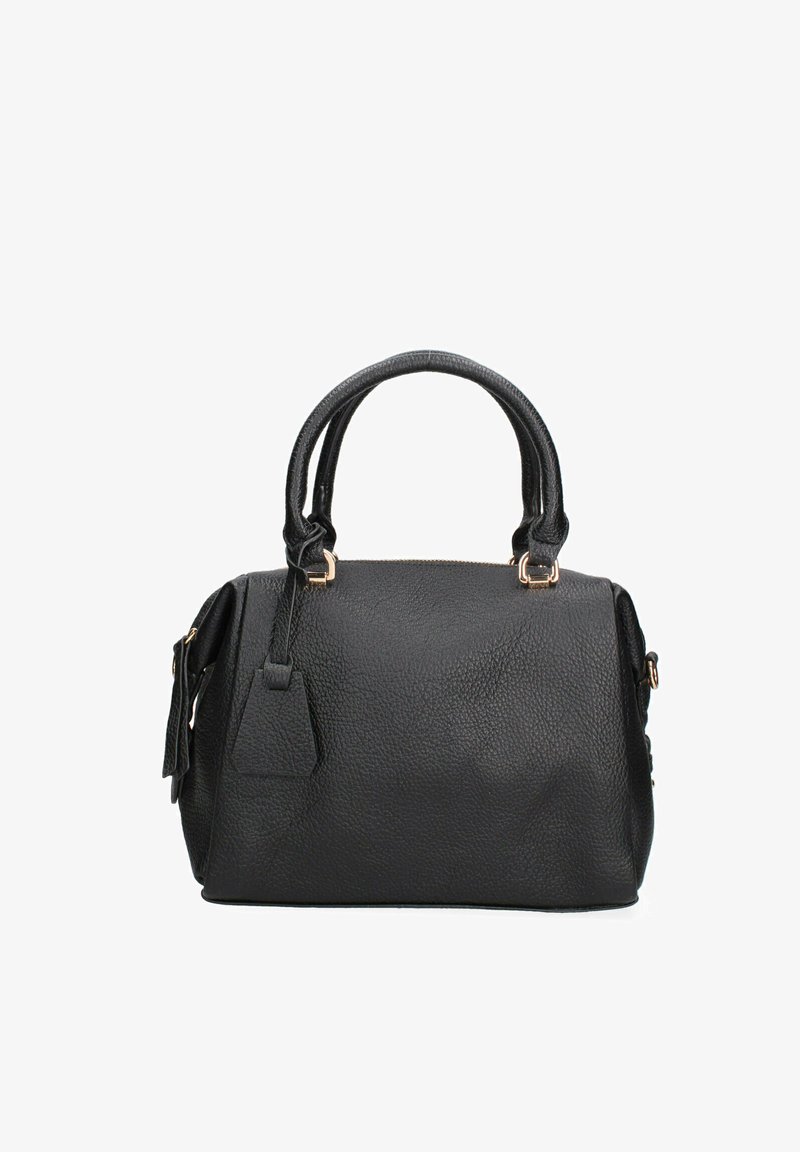 Sac à main en cuir noir avec une surface texturée, double anses supérieures, finitions en métal doré et un détail d'étiquette sur le côté. Forme compacte et structurée.