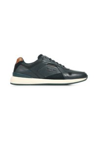 Zapatilla negra de cuero con acentos de ante, una puntera texturizada y una pestaña trasera marrón. Presenta cordones y una marca en el costado, con una suela contrastante.