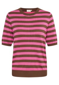 Top de punto de manga corta con rayas horizontales marrones y rosas y un cuello redondo.