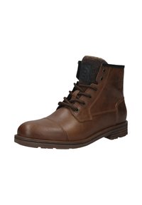 Braune Leder-Schnürstiefelette mit runder Zehenform, strukturiertem Kragen und schwarzem Logo-Patch. Verfügt über Metallösen und eine robuste Gummisohle.