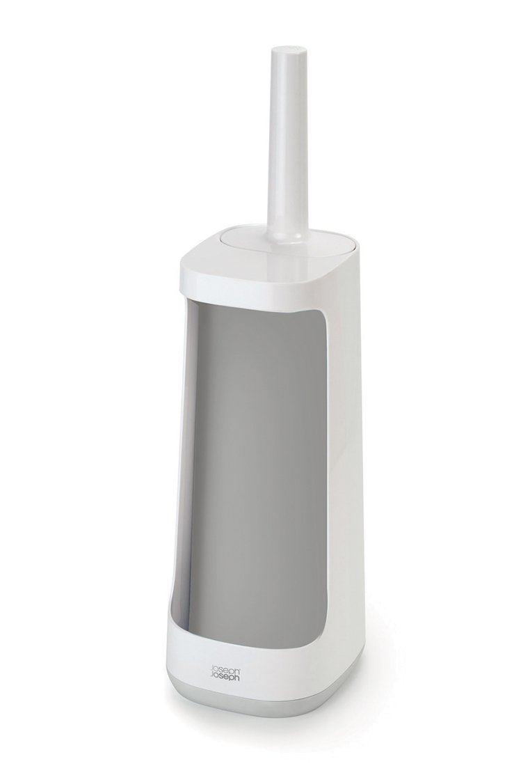 Weißer Toilettenbürstengriff mit langem Stiel und rechteckiger Basis. Besitzt eine glatte Oberfläche und ein graues Innenfach zur verdeckten Aufbewahrung.