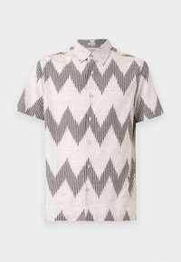 Camicetta a maniche corte con bottoni in tessuto leggero, caratterizzata da un motivo a zigzag in nero e grigio, design del colletto e una vestibilità comoda.