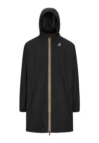 Veste noire imperméable avec capuche, fermeture éclair avant avec accents jaunes et blancs, et poches latérales. Fabriquée en matériau léger.