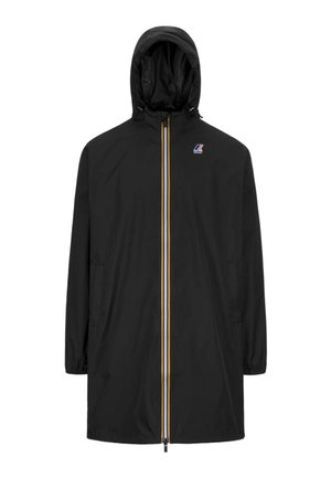 Schwarze wasserdichte Jacke mit Kapuze, Frontreißverschluss mit gelben und weißen Akzenten sowie Seitentaschen. Hergestellt aus leichtem Material.