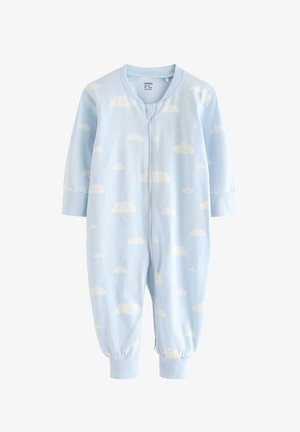 Light blue onesie with white cloud patterns, zipper front, long sleeves, and elastic cuffs. Soft fabric with smooth texture.