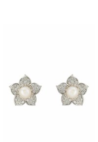 Flower-shaped earrings in silver, featuring a central pearl and diamond-like accents on petal edges, displaying intricate detailing.