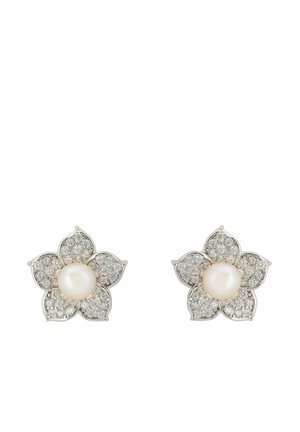 Flower-shaped earrings in silver, featuring a central pearl and diamond-like accents on petal edges, displaying intricate detailing.