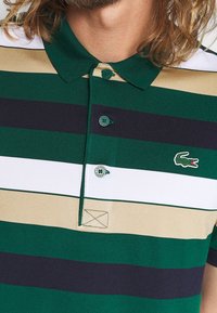 Grön och beige randig polo-tröja med krage, tre knappar och broderad logotyp. Slitstarkt tyg med en klassisk passform.