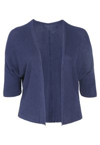 Cárdigan azul marino de apertura frontal, textura de punto, mangas cortas, corte holgado, con detalles sutiles a lo largo de los bordes y un diseño ligero.