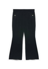 Pantalones anchos negros con cintura elástica y dos bolsillos frontales, cada uno con un pequeño detalle de botón dorado.