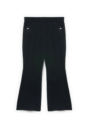 Schwarze, weit geschnittene Hose mit elastischem Bund und zwei vorderen Taschen, jeweils mit einem kleinen goldenen Knopfdetail versehen.