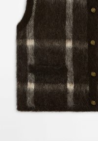 Brown wool vest with a checkered pattern, featuring cream accents, a single pocket, and gold-tone buttons along the front.