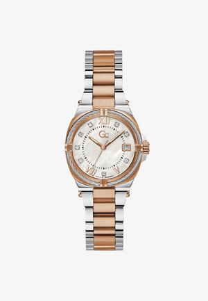 Sat od srebra i ružičastog zlata s okruglim brojčanikom, bijelim licem od biserne majke, dijamantnim akcentima i dizajnom povezanih karika narukvice. Sadrži prikaz datuma.