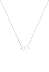 Silverfärgad kedjehalsband med sammanlänkade ringar: en i gult guld och en i silver. Enkel design med en slät yta och polerad finish.