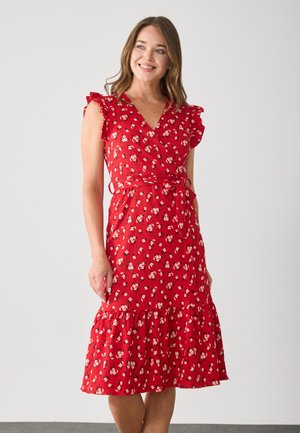 Red, floral-patterned dress with short ruffle sleeves, a V-neck, and a fitted waist. Features a tiered, flared hemline for a flowing fit.