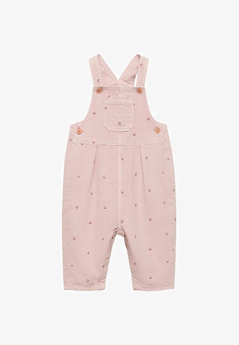 Pale pink overalls with petal-shaped embroidery and buttons on straps, featuring a front pocket and cuffed legs.