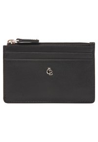 Zwart leren kaartHoudertje met een ritssluiting, voorzien van vijf kaartsleuven en een zilveren logoaccent in het midden. Glad textuur.